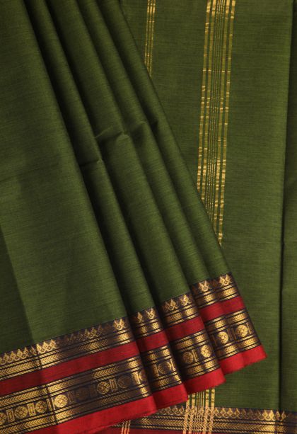 Basil Green Chettinad Cotton Sarees with Gold Zari Plain