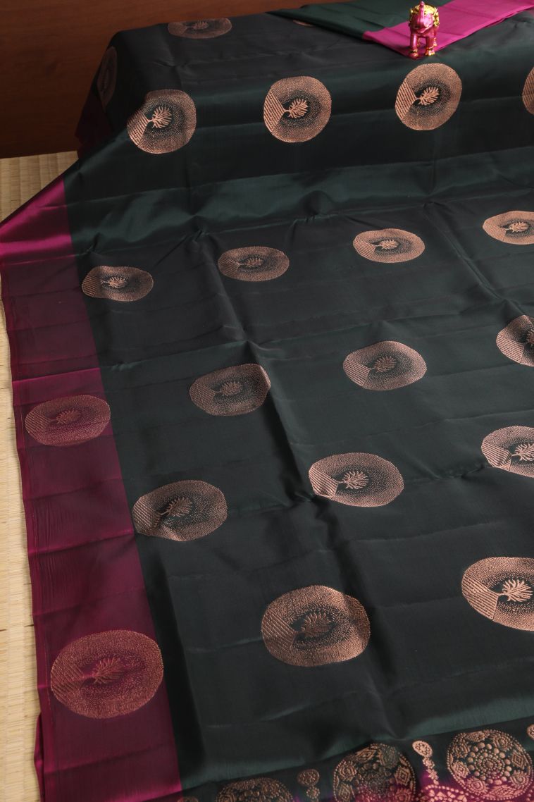 Basil Green Soft Silk Saree with Copper Zari Circle Mottif view 2