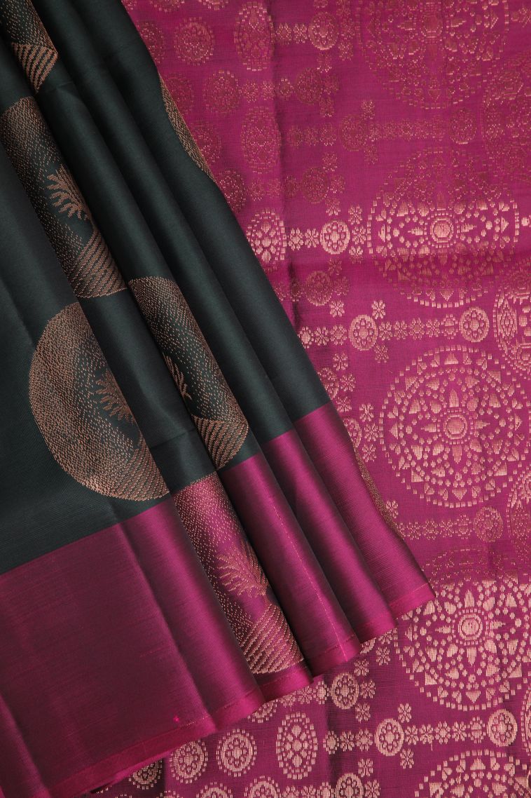 Basil Green Soft Silk Saree with Copper Zari Circle Mottif view 1