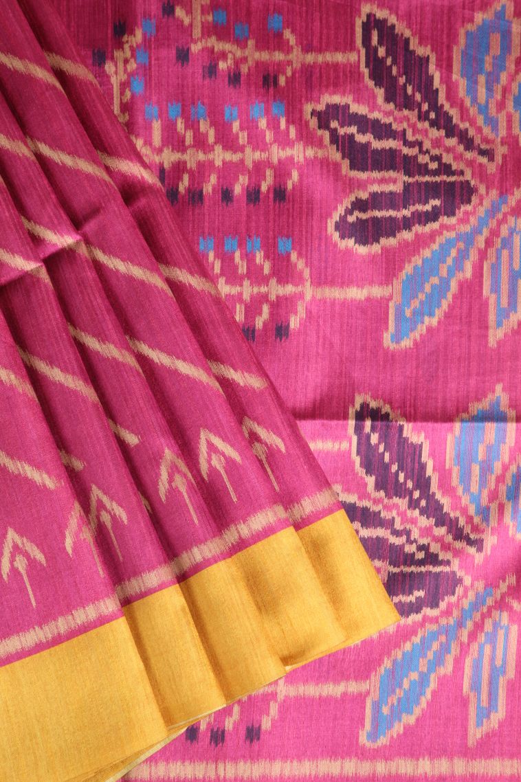 Bubblegum Pink Semi Tussar Silk with Without Zari Zari Cross Straipes view 1