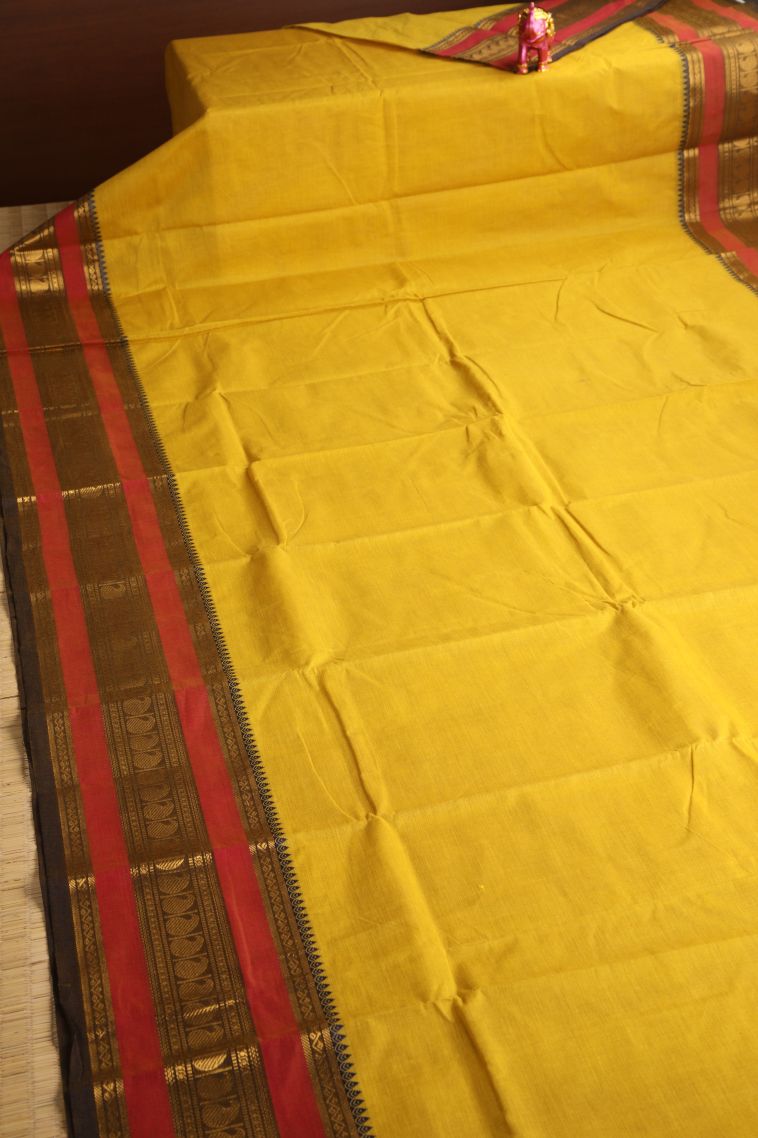 Lemon Yellow Chettinad Cotton Sarees with Gold Zari Plain view 2