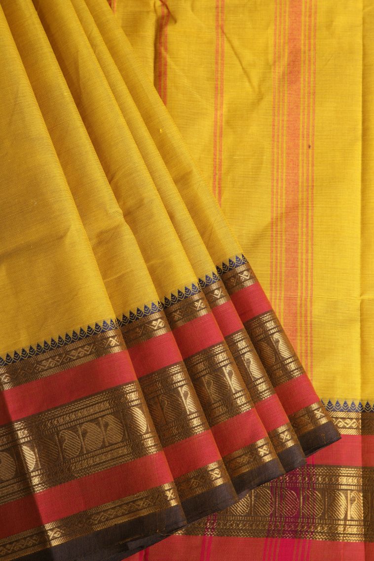 Lemon Yellow Chettinad Cotton Sarees with Gold Zari Plain view 1
