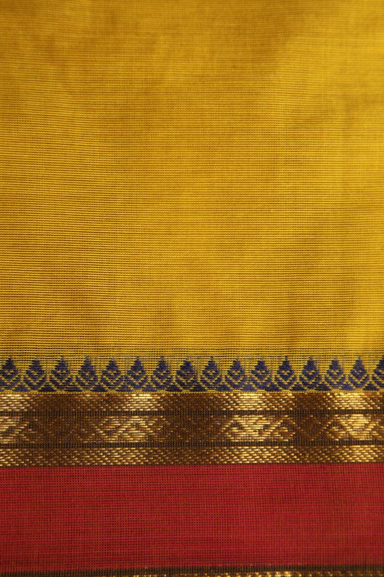 Lemon Yellow Chettinad Cotton Sarees with Gold Zari Plain view 3