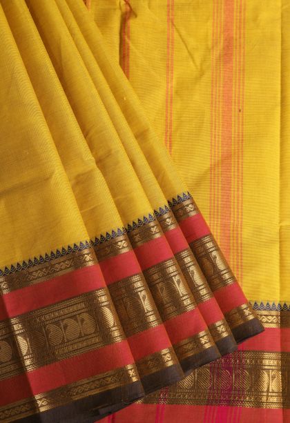 Lemon Yellow Chettinad Cotton Sarees with Gold Zari Plain