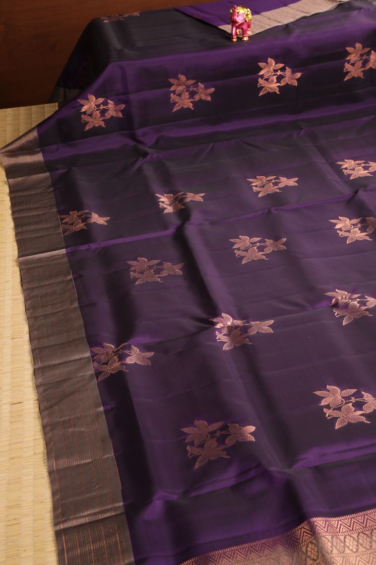 Viola Purple Soft Silk Saree with Copper Zari Floral Puttas view 2