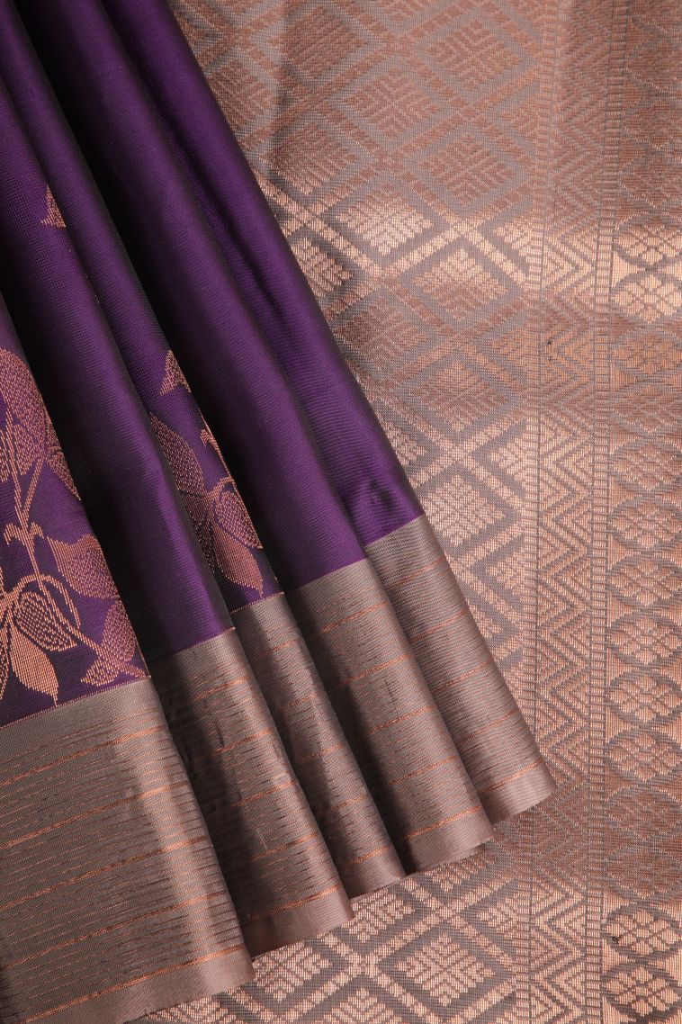 Viola Purple Soft Silk Saree with Copper Zari Floral Puttas view 1