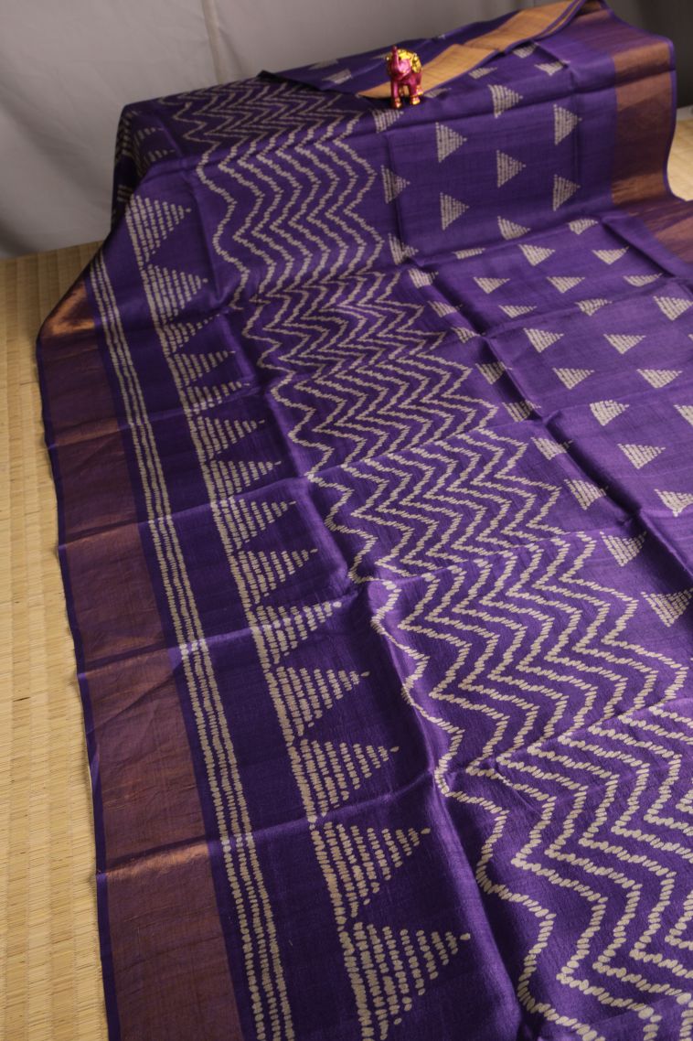 Viola Purple Tussar Saree with Gold Zari Geometric Shapes view 2