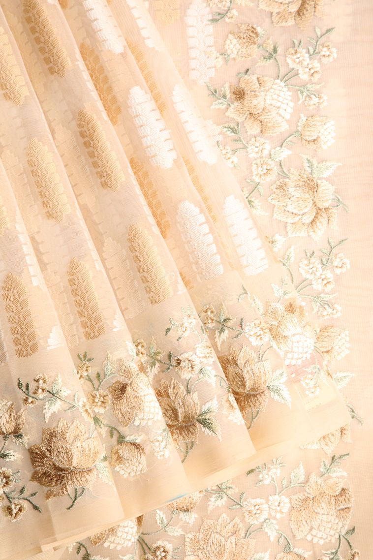 Cream White Organza Saree with Without Zari Zari Floral Patterns view 1