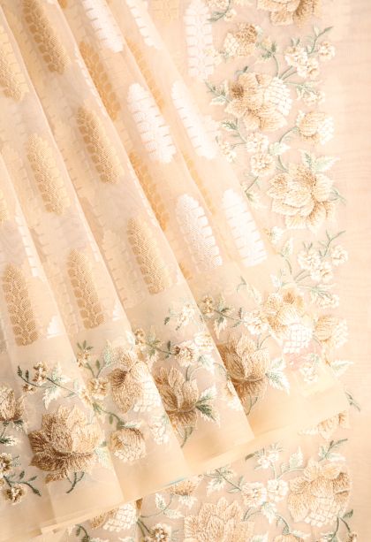 Cream White Organza Saree with Without Zari Zari Floral Patterns