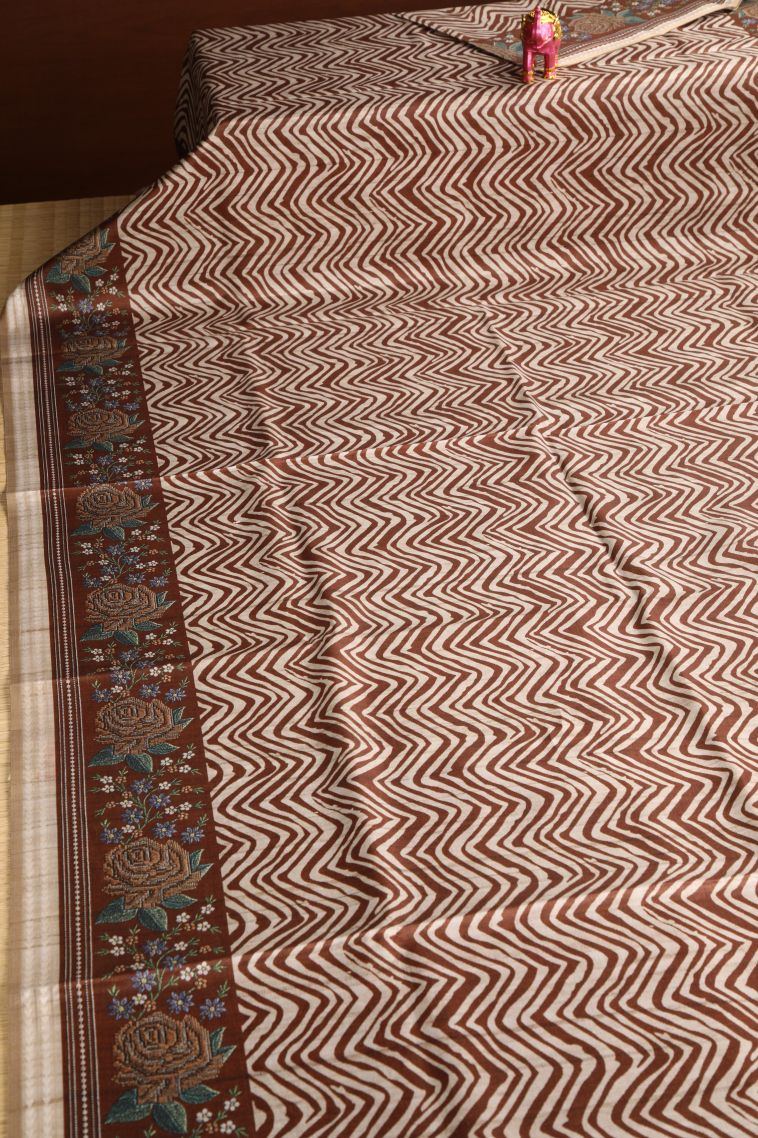 Caramel Brown Semi Tussar Silk with Gold Zari Zig Zag Pattern view 2