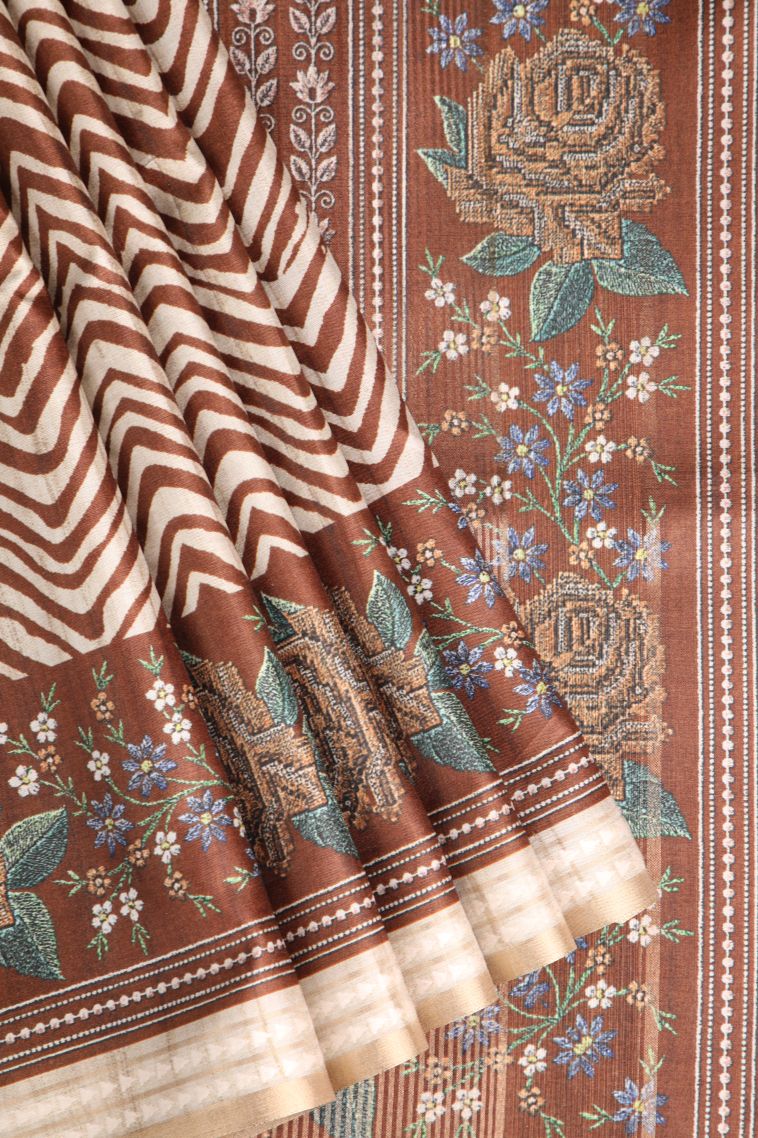 Caramel Brown Semi Tussar Silk with Gold Zari Zig Zag Pattern view 1