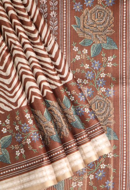 Caramel Brown Semi Tussar Silk with Gold Zari Zig Zag Pattern