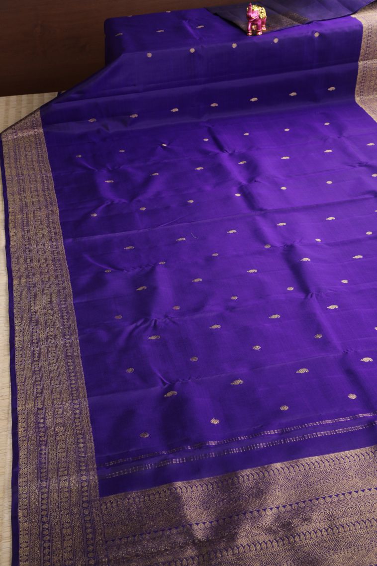 Azure Blue Kanchipuram Silk Sarees with Antic Zari Mango Puttas view 2