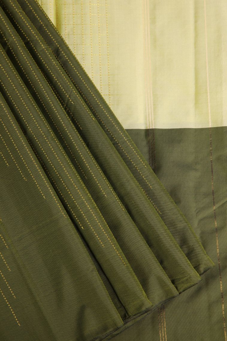 Olive Green Soft Silk Saree with Gold Zari Checks