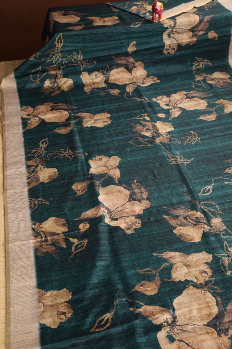 Ocean Blue Semi Tussar Silk with Gold Zari Floral Patterns view 2