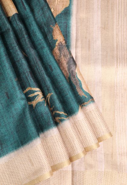 Ocean Blue Semi Tussar Silk with Gold Zari Floral Patterns
