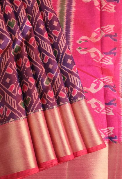 Viola Purple Semi Tussar Silk with Gold Zari Pochamballi Pattern