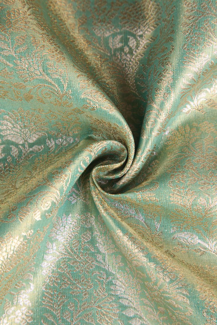 Mint Green Tissue Silk Sarees with Gold Zari Floral Patterns view 4