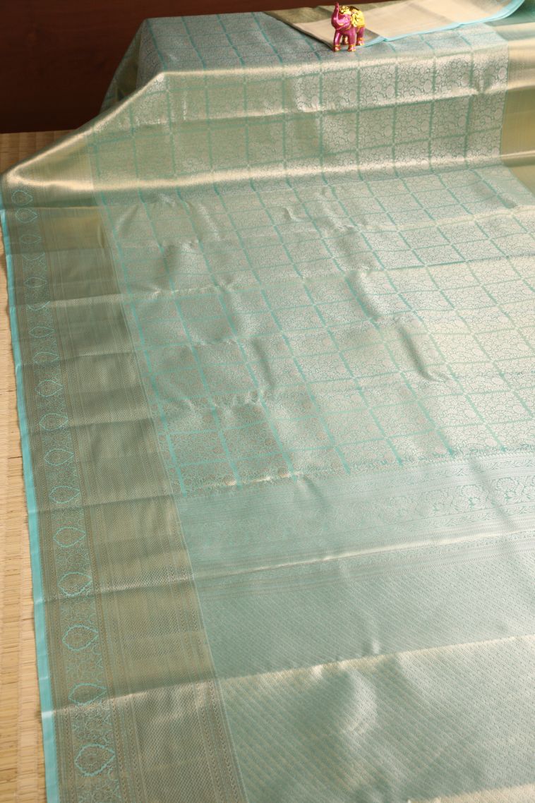 Mint Green Tissue Silk Sarees with Gold Zari Floral Patterns view 2