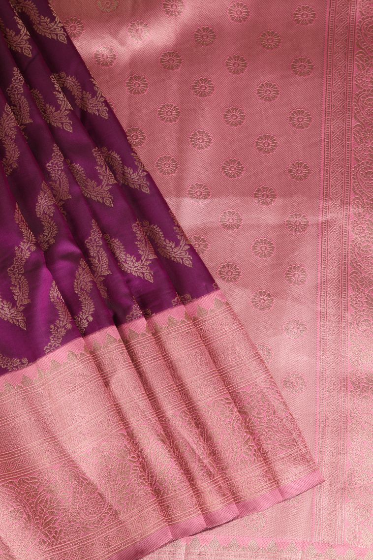 Bosenberry Purple Apoorva Silk Sarees with Gold Zari Kodi Pattern view 1