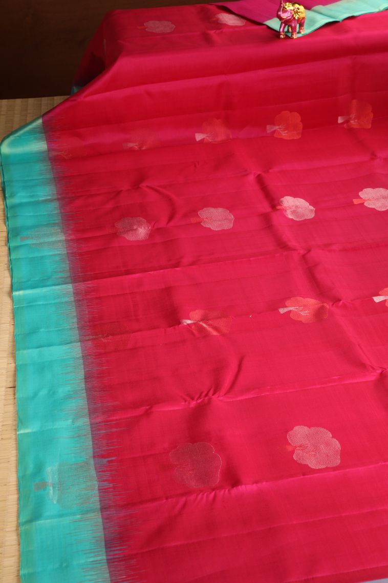 Candy Red Soft Silk Saree with Gold Zari Floral Patterns view 2