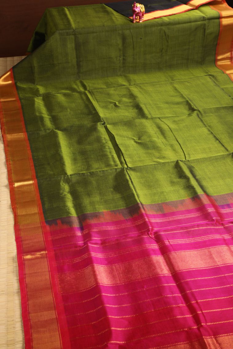 Basil Green Silk Cotton with Gold Zari Plain view 2