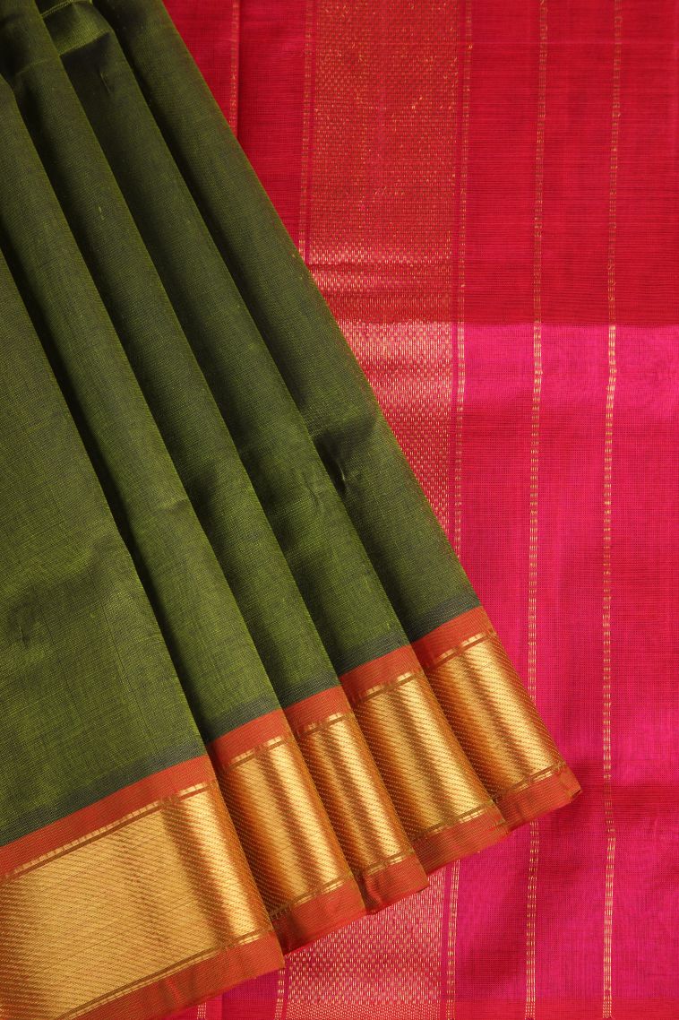 Basil Green Silk Cotton with Gold Zari Plain view 1