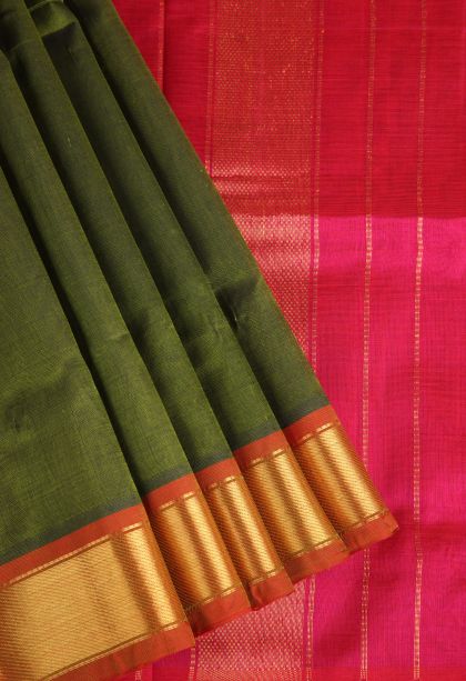 Basil Green Silk Cotton with Gold Zari Plain