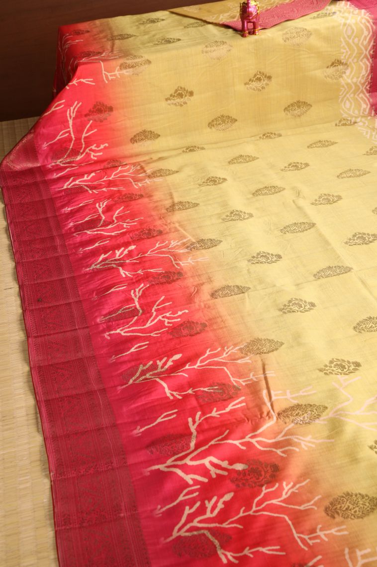 Gold Semi Raw Silk Printed with Antic Zari Thilagam Puttas view 2