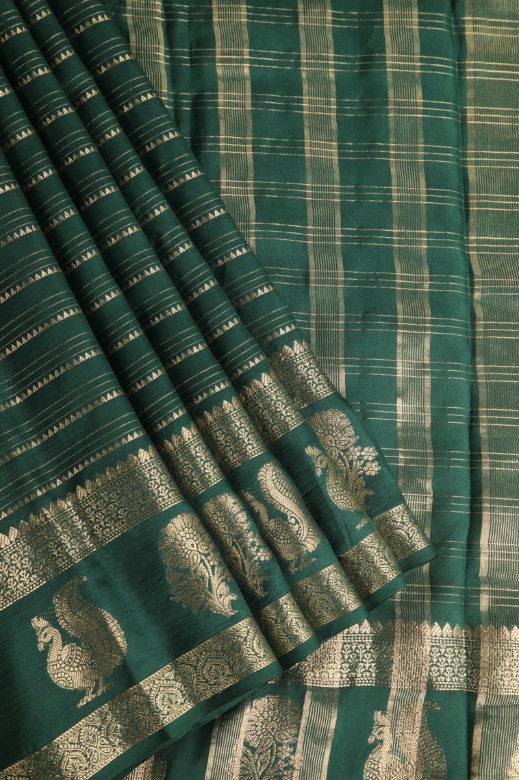 Bottle Green Banaras Sarees with Gold Zari Peacock Motifs view 1