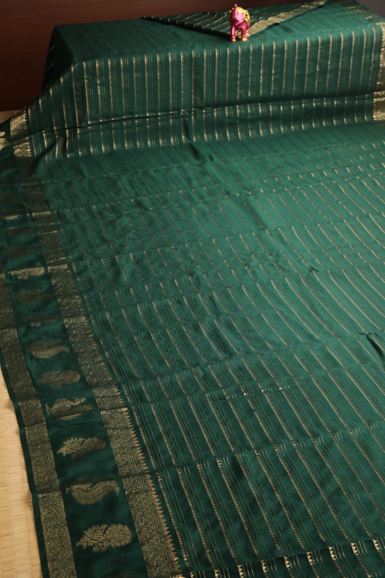 Bottle Green Banaras Sarees with Gold Zari Peacock Motifs view 2