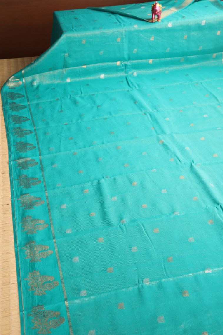 Arctic Blue Banaras Sarees with Gold Zari Peacock Motifs view 2