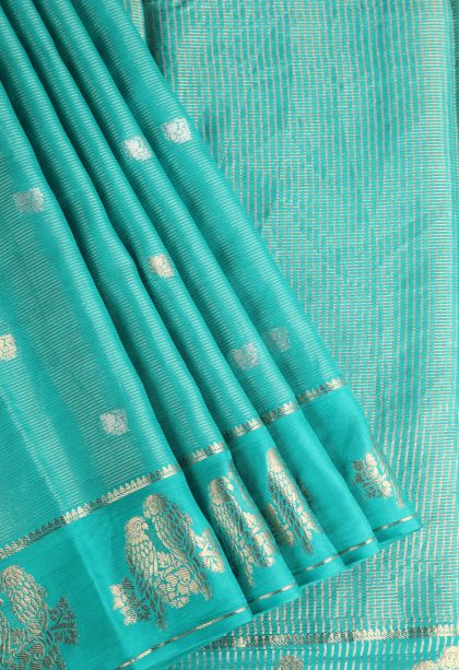 Arctic Blue Banaras Sarees with Gold Zari Peacock Motifs