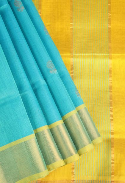 Arctic Blue Silk Cotton with Gold Zari Buttis (small Dots Or Motifs)