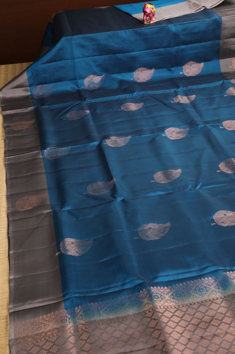 Cerulean Blue Soft Silk Saree with Copper Zari Floral Puttas view 2