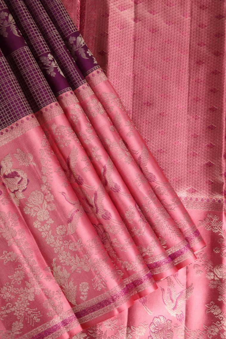 Grape Purple Kanchipuram Silk Sarees with Gold Zari Leaf Pattern view 1