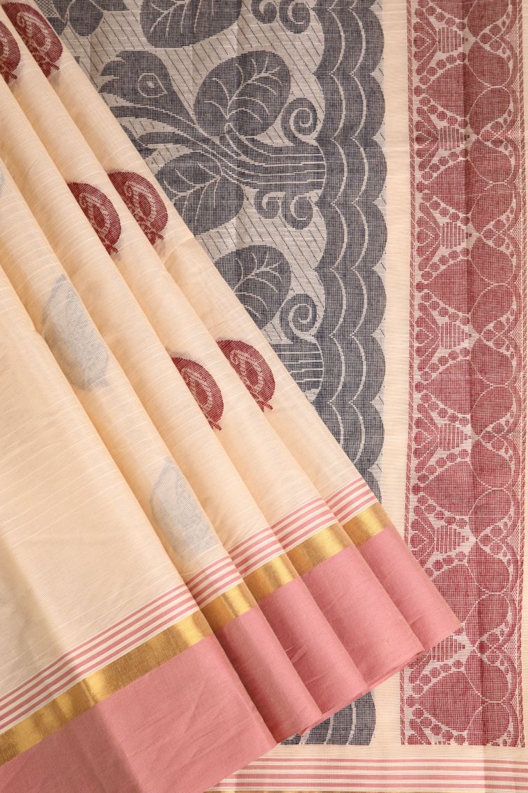 Coconut White Chettinad Cotton Sarees with Without Zari Zari Manga view 1
