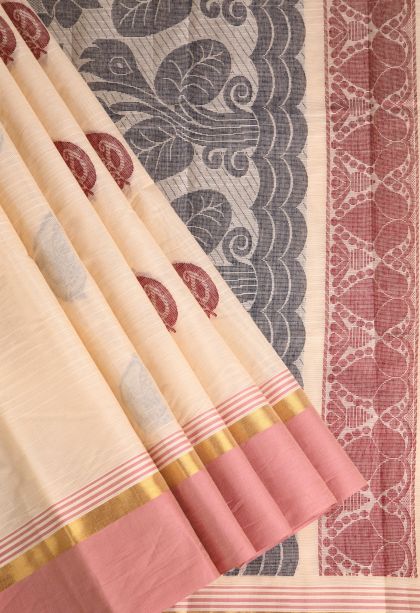 Coconut White Chettinad Cotton Sarees with Without Zari Zari Manga