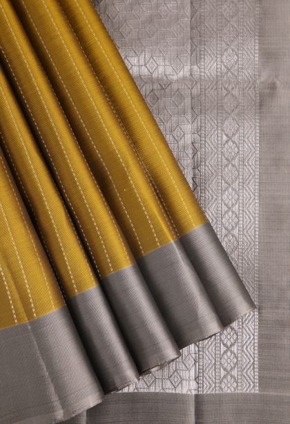 Gold Soft Silk Saree with Silver Zari Buttis (small Dots Or Motifs)