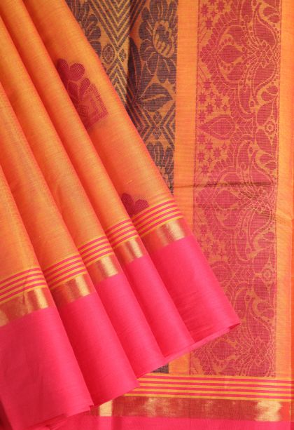 Carrot Orange Chettinad Cotton Sarees with Gold Zari Floral Puttas