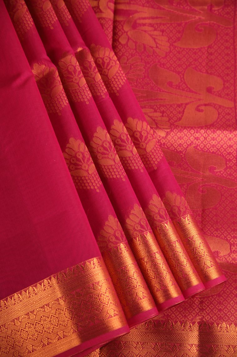 Magenta  Pink Silk Cotton with Gold Zari Floral Puttas view 1
