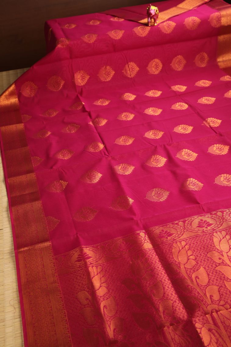 Magenta  Pink Silk Cotton with Gold Zari Floral Puttas view 2