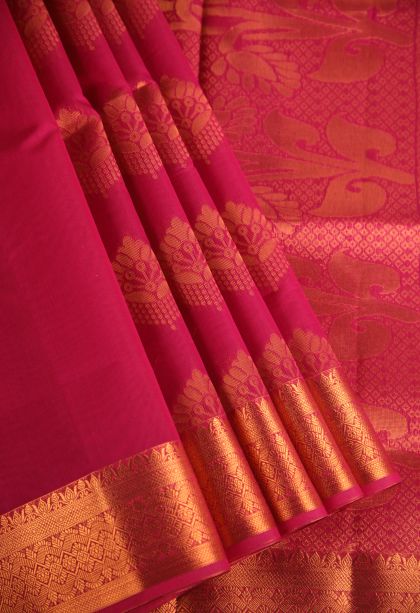 Magenta  Pink Silk Cotton with Gold Zari Floral Puttas
