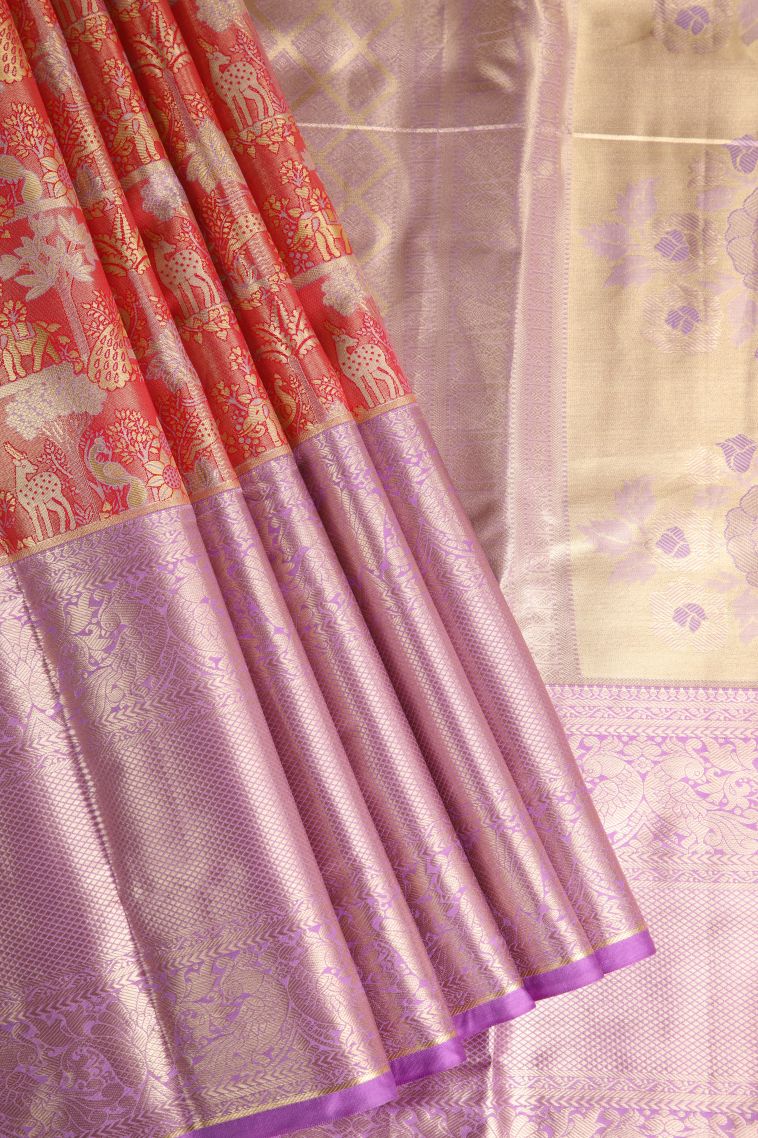 Coral Pink Tissue Silk Sarees with Gold Zari Animal And Bird Motifs view 1