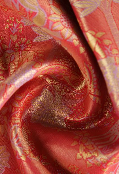 Coral Pink Tissue Silk Sarees with Gold Zari Animal And Bird Motifs
