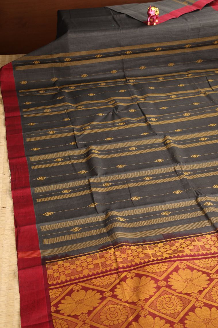Abbey Black Chettinad Cotton Sarees with Without Zari Zari Straipes And Puttas view 2