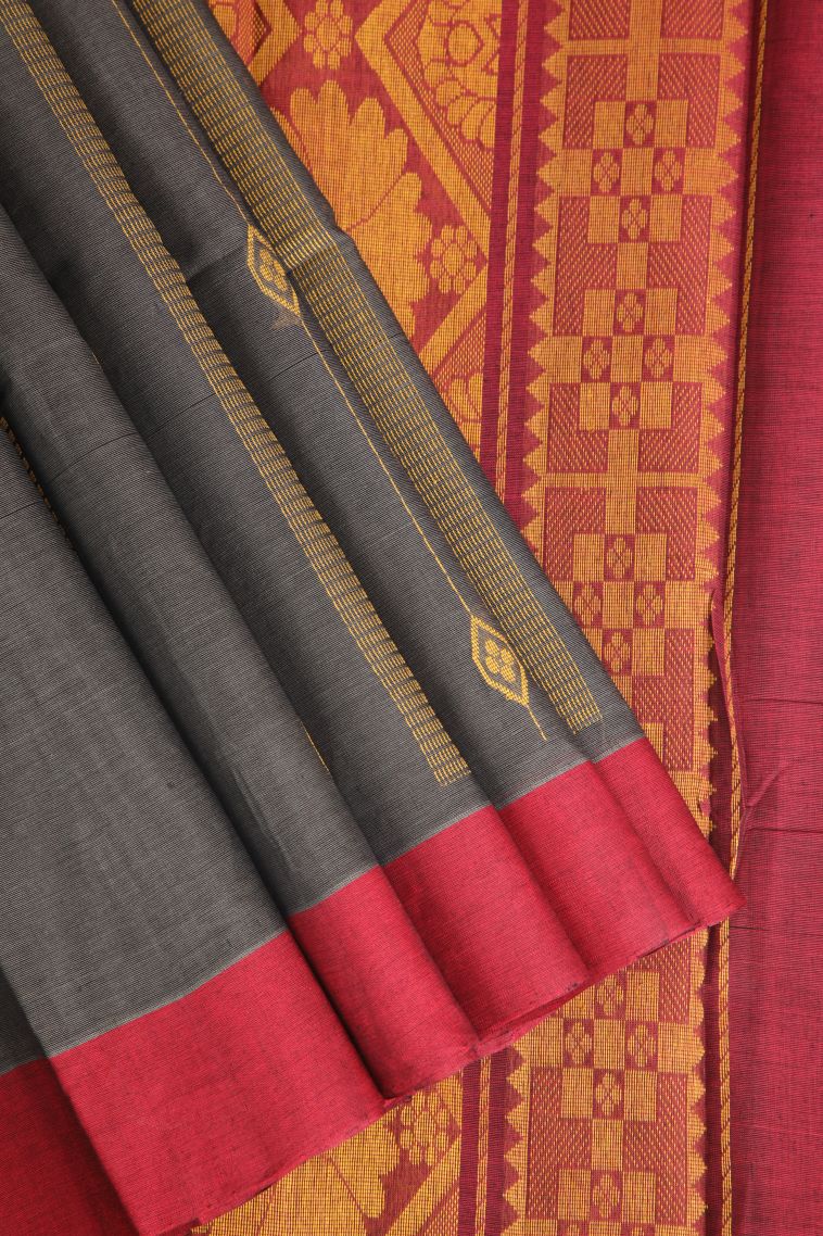 Abbey Black Chettinad Cotton Sarees with Without Zari Zari Straipes And Puttas view 1