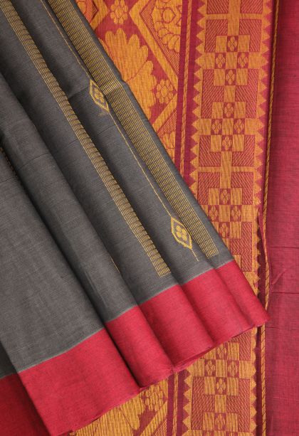 Abbey Black Chettinad Cotton Sarees with Without Zari Zari Straipes And Puttas