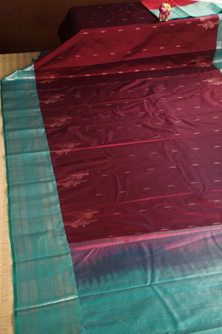 Berry Red Apoorva Silk Sarees with Copper Zari Floral Puttas view 2