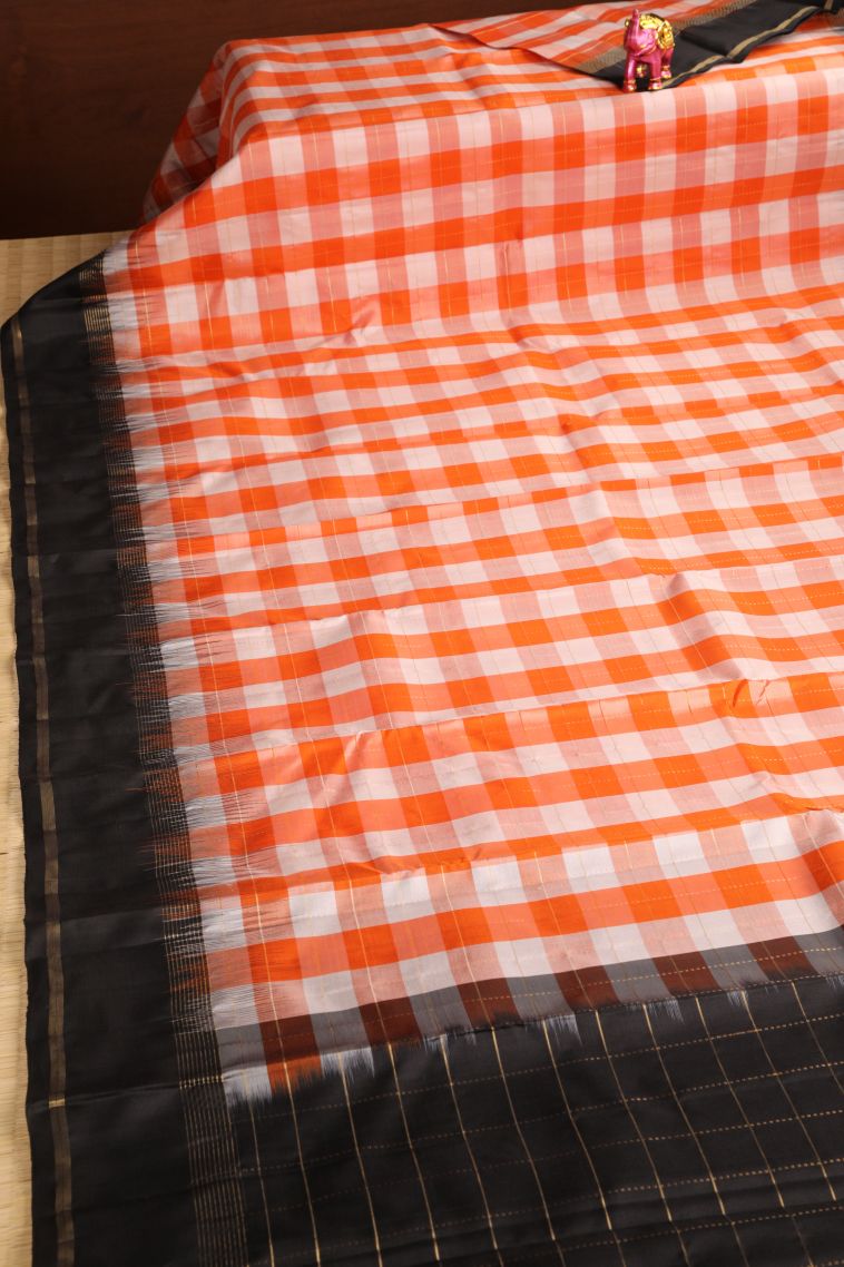 Tiger Orange Soft Silk Saree with Gold Zari Checks view 2